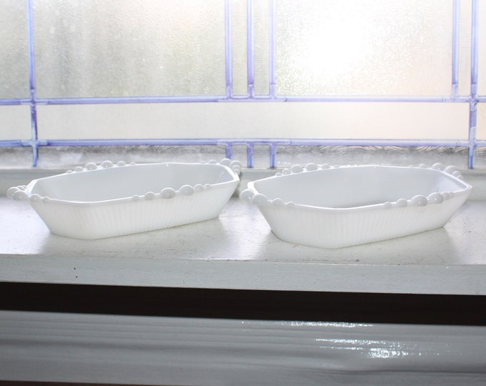 Milk Glass Ribbed Relish Dish Pair with Quilted Bottom Vintage 1960s