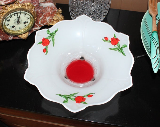 Art Deco Footed Bowl Indiana Glass Red White & Tulips Moderne Classic