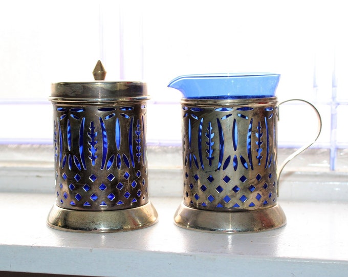 Vintage Silverplate Creamer and Sugar Bowl Cobalt Blue Glass Inserts