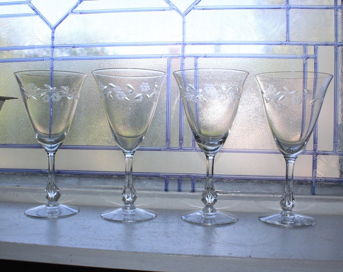 4 Duncan & Miller Queen's Lace Wine Water Glasses Vintage Stemware