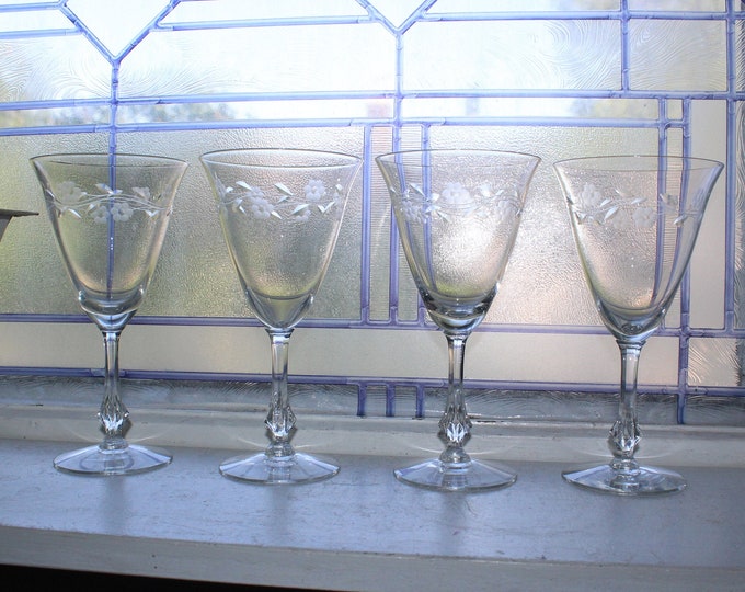 4 Wheel Cut Etched Wine Water Glasses Vintage Stemware