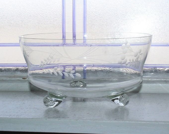 Vintage Wheel Cut Glass Large Footed Bowl Mid Century