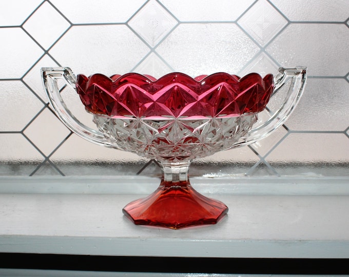 Vintage Ruby Flash Glass Large Trophy Cup Pedestal Bowl with Handles