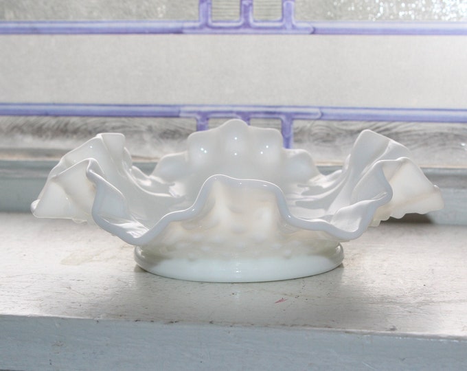 Vintage Milk Glass Hobnail Dish with Ruffled Rim