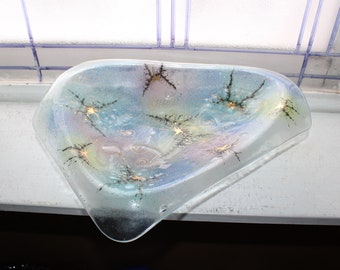 Large Mid Century Modern Higgins Glass Footed Butterfly Bowl 1960s