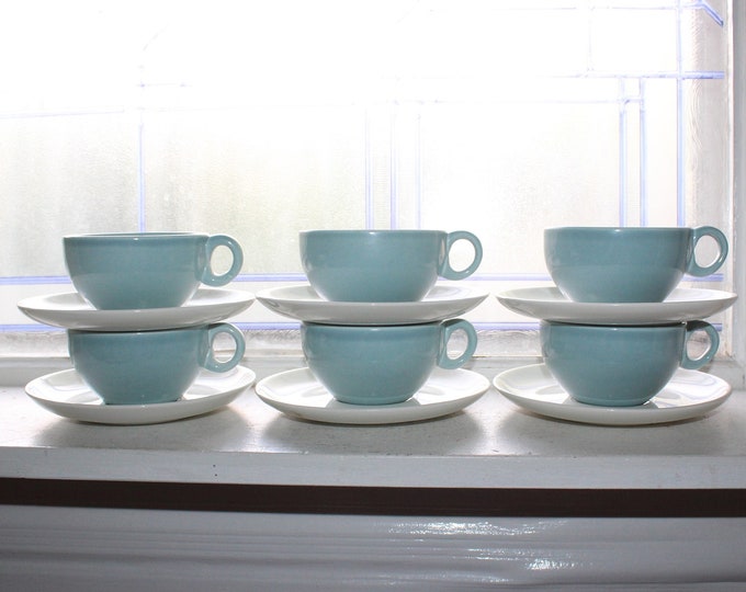 6 1950s Russell Wright Iroquois Casual China Blue & White Cups and Saucers