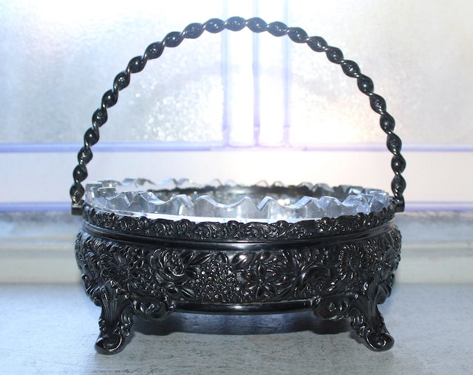 Victorian Antique Meriden Repousse Silverplate & Crystal Candy Dish