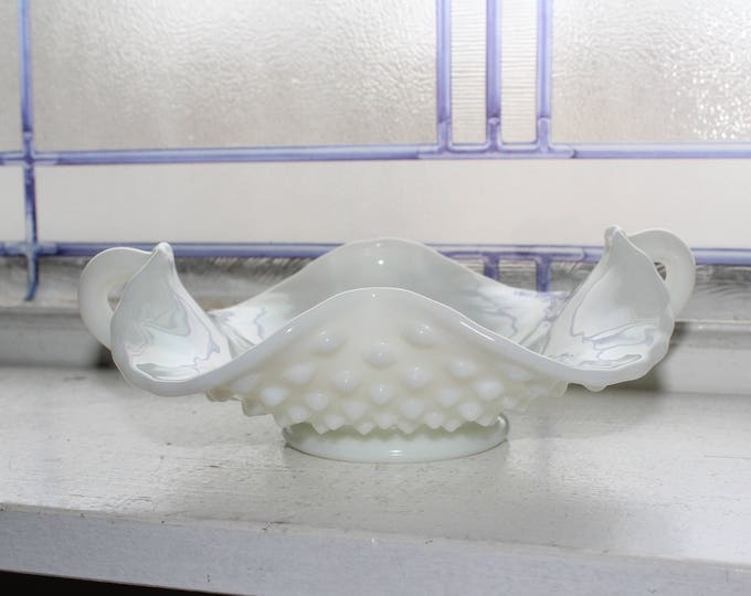 Vintage Fenton Milk Glass Bon Bon Candy Dish Hobnail with Handles