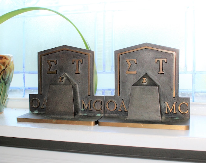 Antique Bronze SIGMA TAU Fraternity Bookends Figural Obelisk OK A&M