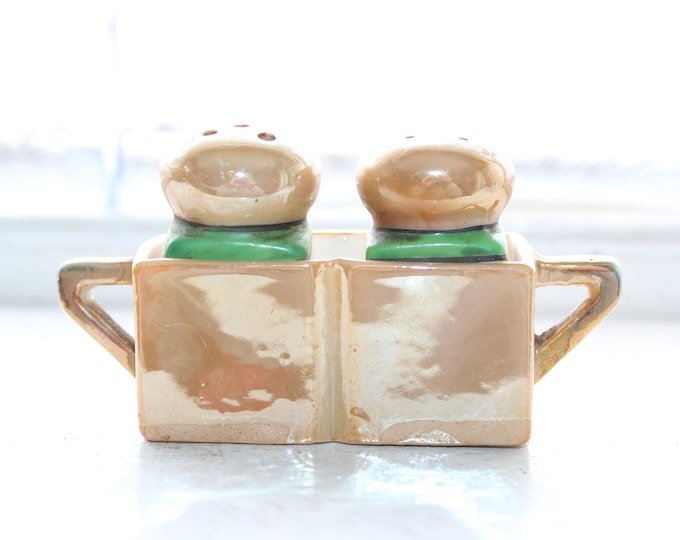 Art Deco Salt & Pepper Shakers with Holder Vintage Lusterware