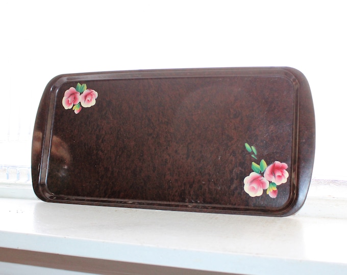 Art Deco Tray Brown with Rose Decoration Vintage 1950s