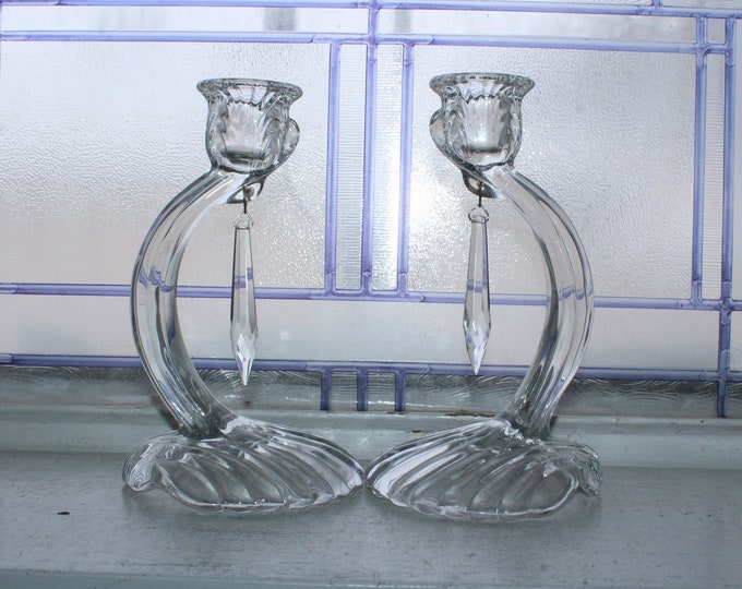 Vintage Cambridge Glass Caprice Candlestick Holder Pair with Shell Foot