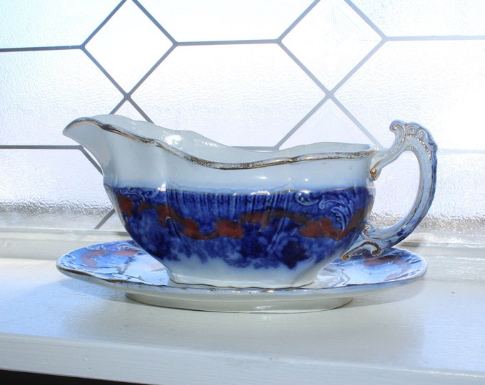 Antique Flow Blue Gravy Boat and Underplate Tyrian by H & K Tunstall