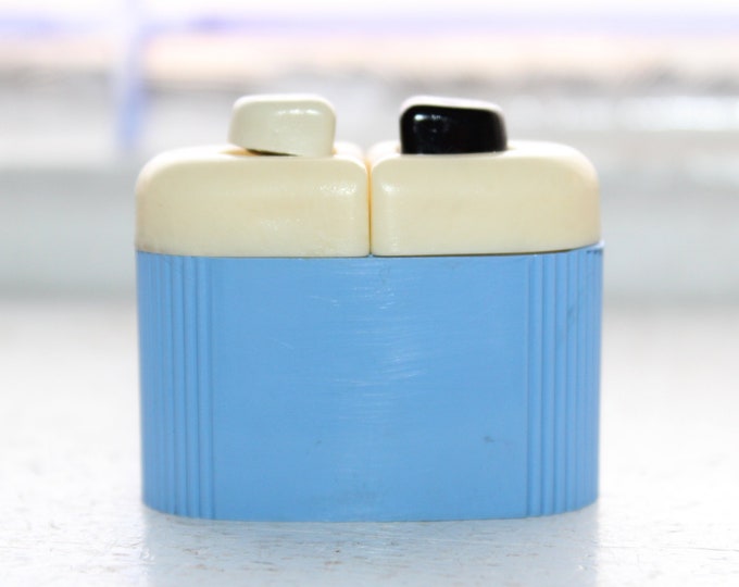 Vintage Mid Century Push Button Salt and Pepper Shakers Blue and White