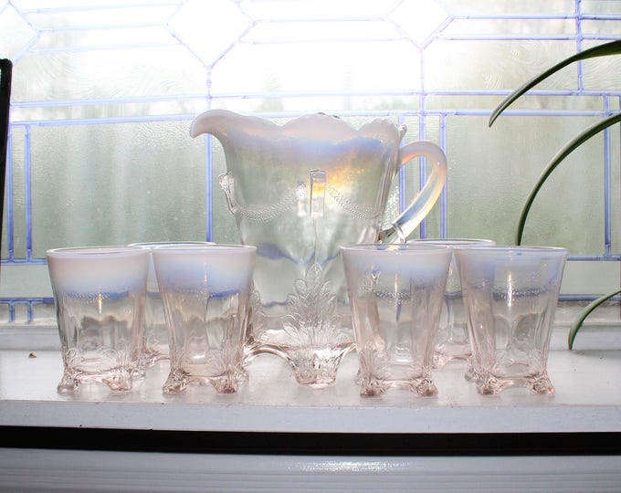 Antique EAPG Pitcher and 6 Tumblers Opalescent Swag With Brackets 1903