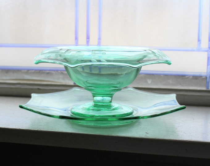 Art Deco Pedestal Bowl & Underplate Etched Green Glass vintage 1920s