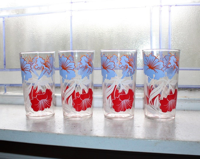 4 Mid Century Glass Tumblers Red White & Blue Flowers Vintage 1950s