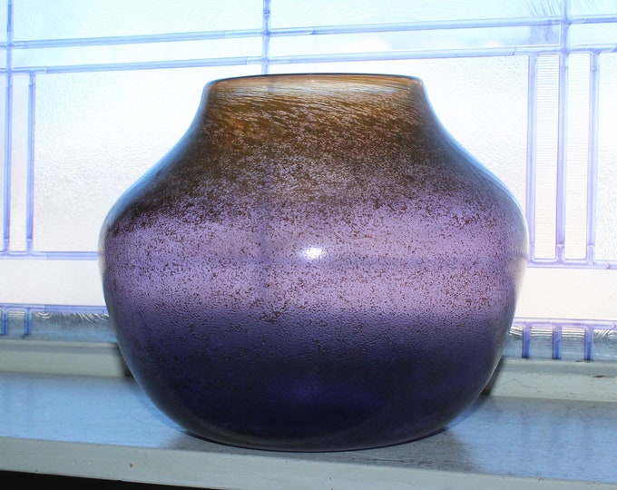 Large Studio Art Glass Vase Purple & Gold Signed KYL 01