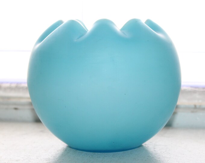 Large Vintage Turquoise Blue Satin Glass Ball Vase with Crimped Rim