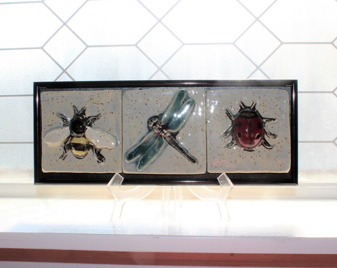 Vintage Kristen Hanlon Art Pottery Plaque Tiles Dragonfly Bee Lady Bug