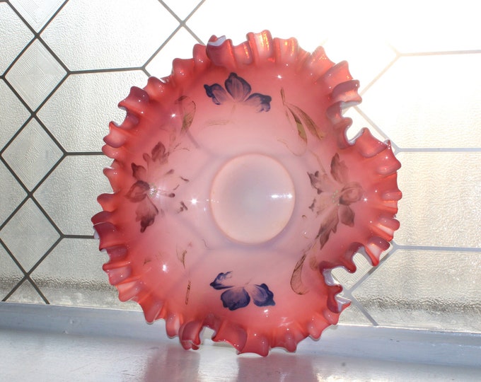 Antique Victorian Pink Glass Dish with Enameled Flowers