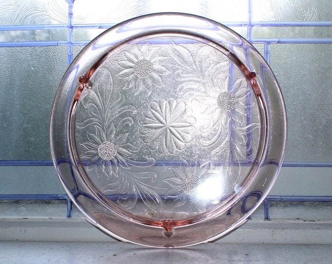 Pink Depression Glass Cake Plate Sunflower Vintage 1930s