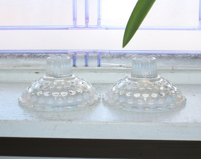 Moonstone Candleholders Pair Opalescent Hobnail Vintage 1940s