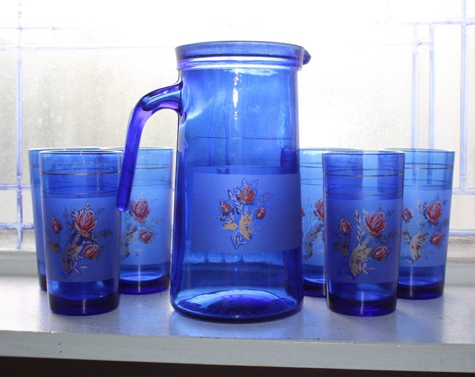 Mid Century Cobalt Blue Glass Pitcher and 6 Tumbler Set 1950s