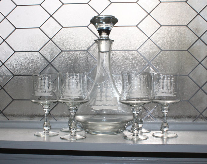 Crystal Ships Decanter & 6 Goblets with Etched Sailing Boats