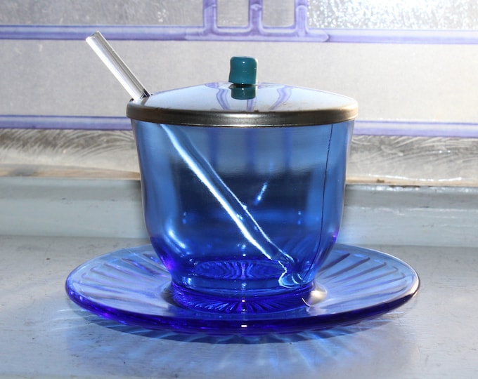 Cobalt Blue Petalware Mustard Jar with Lid & Spoon Vintage 1930s Glass