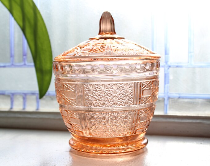 Vintage Pink Depression Glass Candy Dish Daisy Button & Cane Pattern