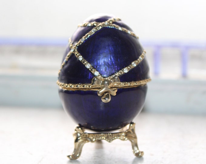 Vintage Figural Enameled Cobalt Blue Egg Trinket Box with Rhinestones