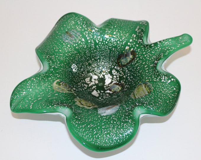 Vintage Art Glass Leaf Dish Green Cased Glass Silver Mica