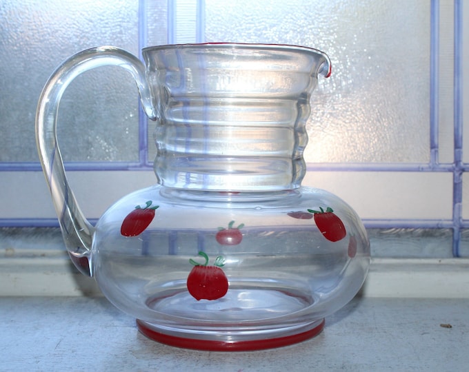 Vintage Mid Century Glass Juice Pitcher with Apples