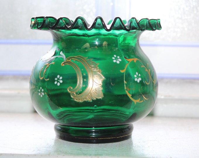 Antique Victorian Forest Green Glass Rose Bowl Painted Decoration