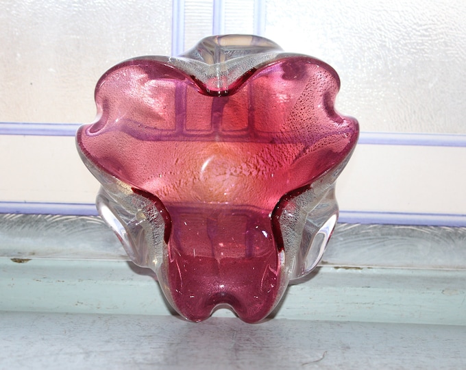 Vintage Murano Glass Bowl Cranberry with Silver Aventurine