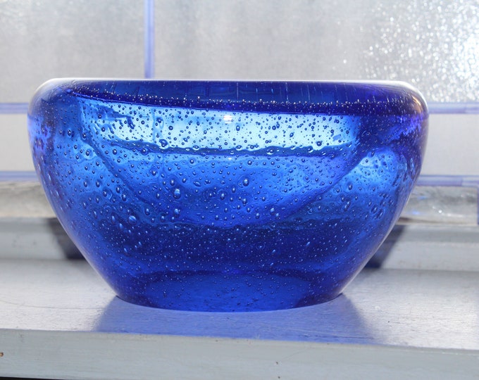 Hadeland Art Glass Bowl Cobalt Blue & Bubbles Vintage Norwegian Glass