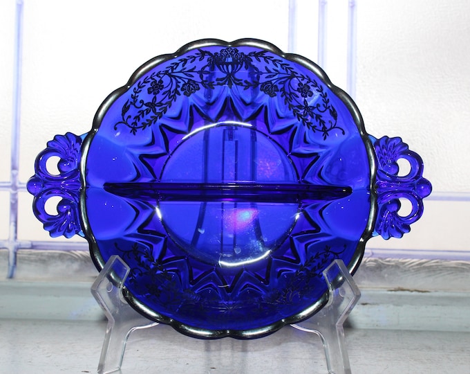Vintage Cobalt Blue Glass Divided Relish Dish with Silver Overlay