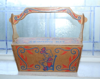 Vintage Toy Sewing Kit Cardboard Pressed Board Box Basket Stash Bin