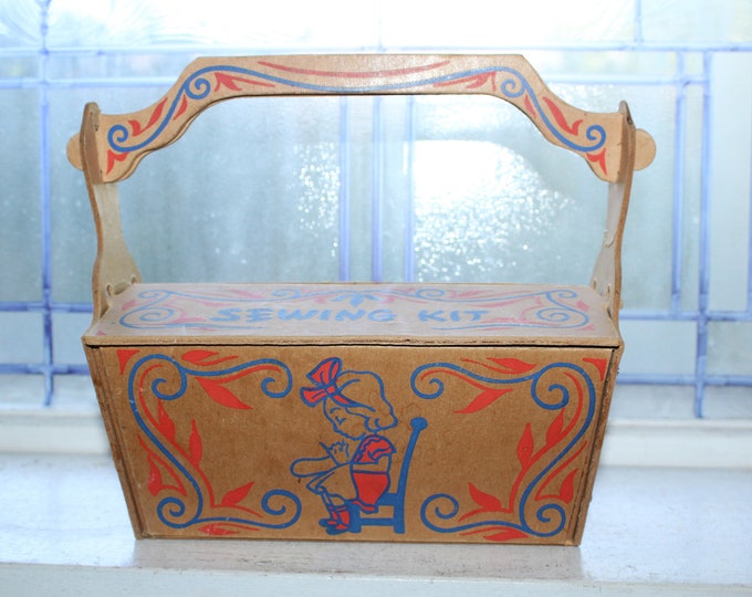 Vintage Toy Sewing Kit Cardboard Pressed Board Box Basket Stash Bin