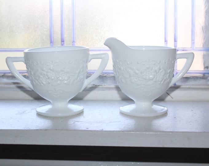 Milk Glass Sugar and Creamer With Floral Band Vintage 1950s