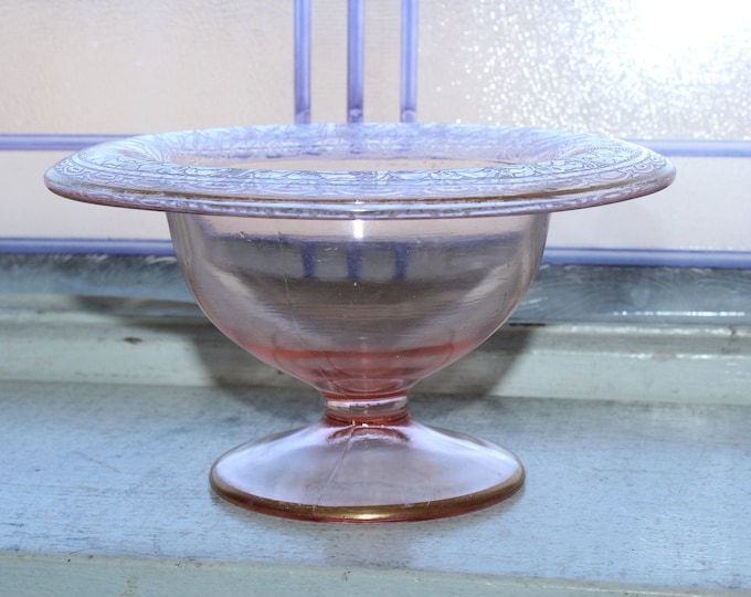 Vintage Pink Depression Glass Compote Pedestal Candy Dish Rolled Rim