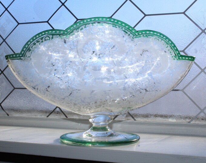 Large Antique Etched Bohemian Glass Fan Vase with Stag Castle and Green Trim