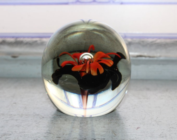 Vintage Art Glass Paperweight Black Orange Flower Controlled Bubble