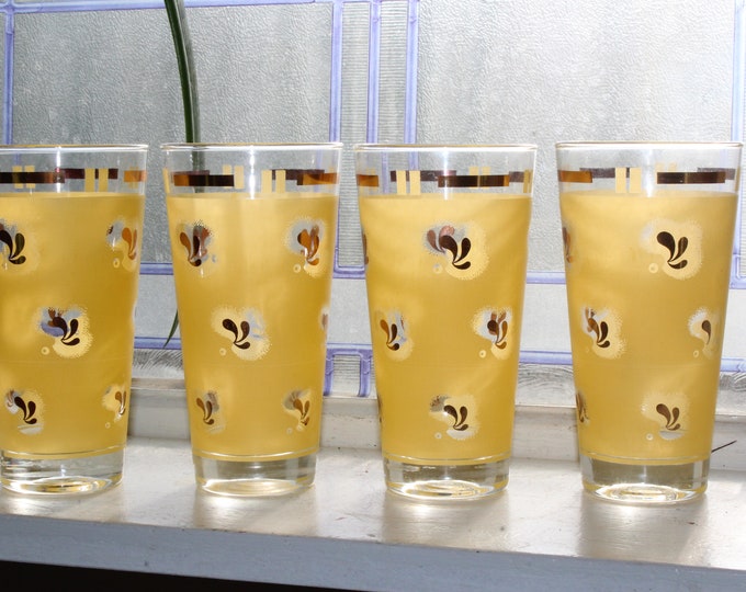 4 Mid Century Glass Tumblers Yellow and Gold 1950s