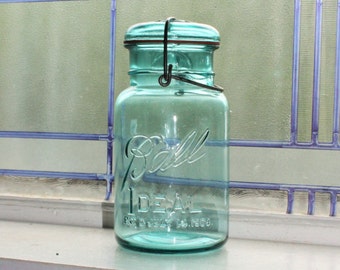 Blue Ball Jar Quart Blue Ball Ideal Mason Jar Vintage 1923 to 1933 Glass Lid Wire Closure