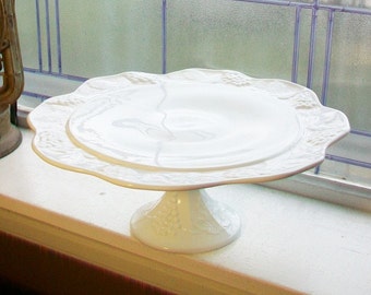 Large Milk Glass Cake Stand Grapes Motif Vintage 1950s Dessert Stand