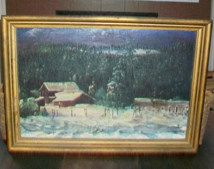 Vintage Folk Art Painting Winter Farm Scene Artist Signed LA Ross 1963