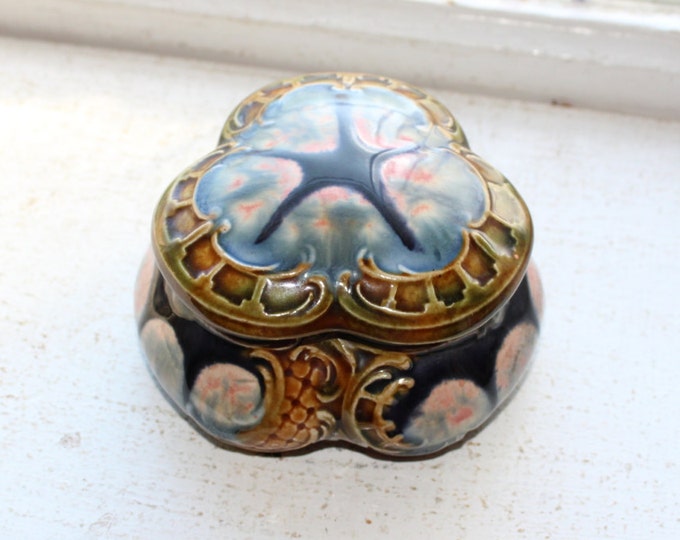 19th Cent. Majolica Covered Trinket Box Antique Pottery