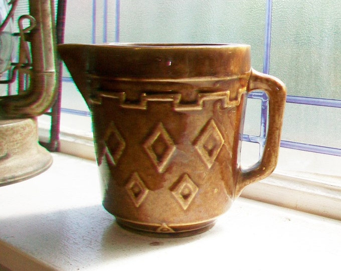 Brown Stoneware Milk Pitcher Vintage Rustic Farmhouse Decor